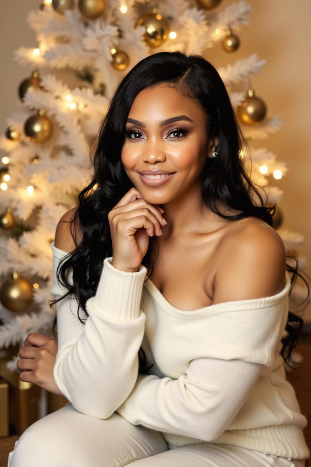 Young woman with long black hair and a white off-shoulder sweater, smiling in front of a decorated Christmas tree.