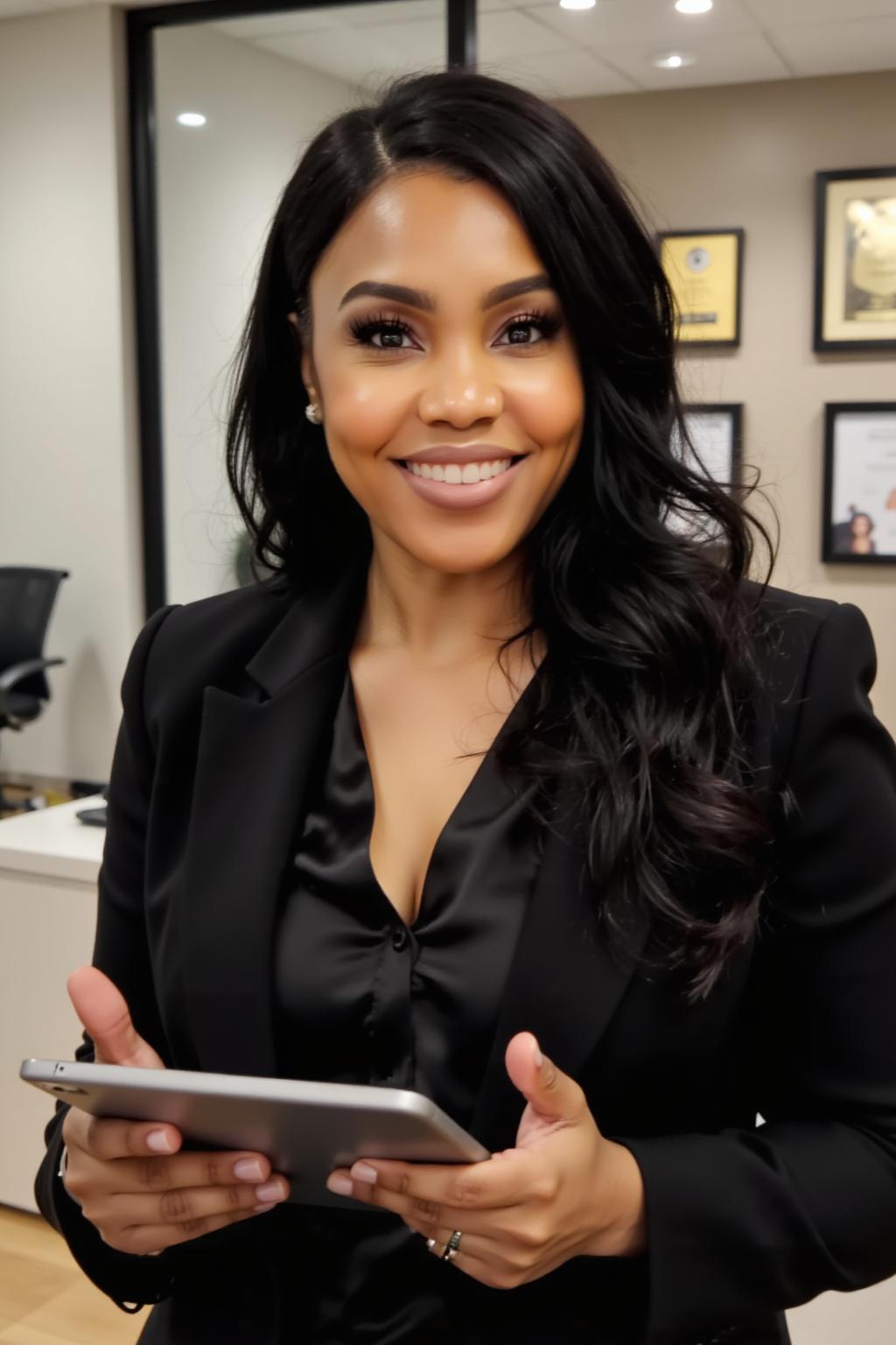 Smiling woman with long dark hair holding a tablet, wearing a black blazer and blouse, in an office setting.