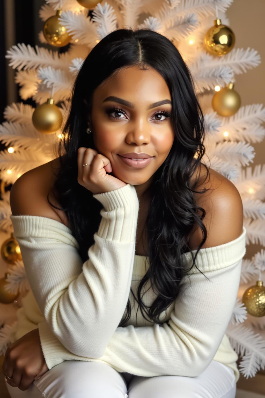 Young woman with long dark hair and makeup, smiling, wearing a cream off-shoulder sweater, in front of a decorated Christmas tree with gold ornaments.