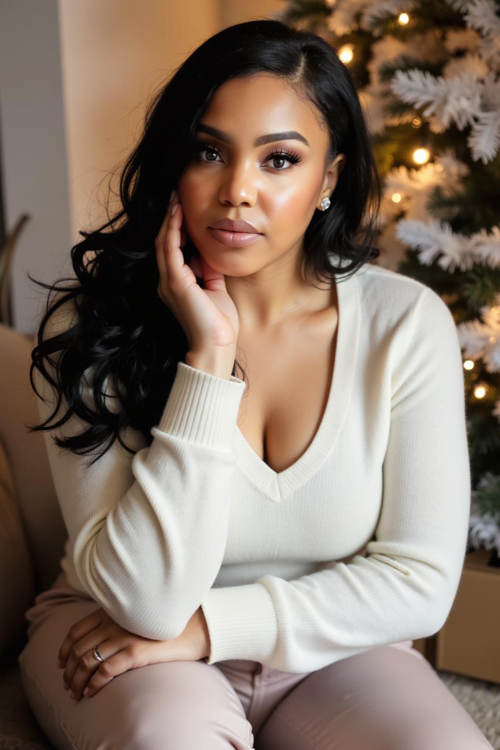 Woman with long dark hair and makeup, wearing a cream sweater, sitting near a decorated Christmas tree.