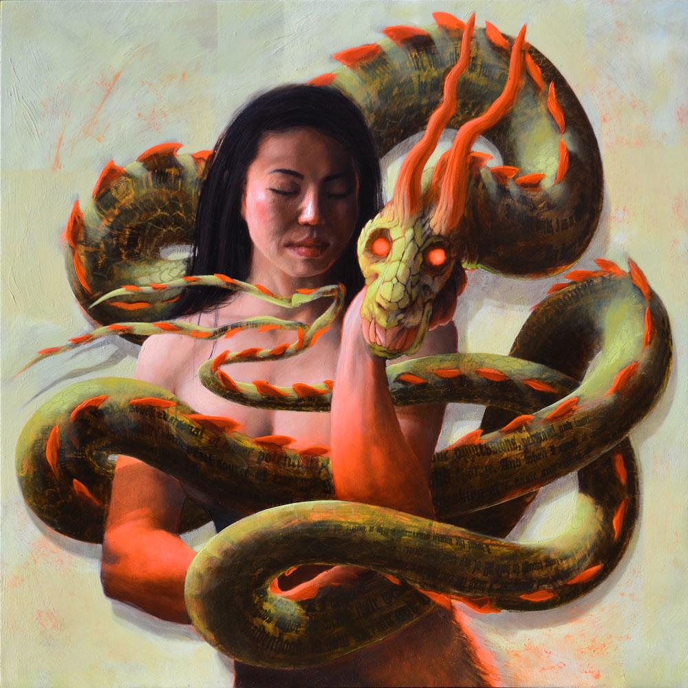 A woman with dark hair is surrounded by a large, green, snake-like creature with glowing eyes and orange spikes.