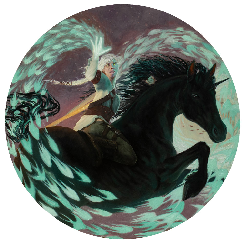 A person with a staff riding a black horse through a swirling, mystical landscape with glowing elements.