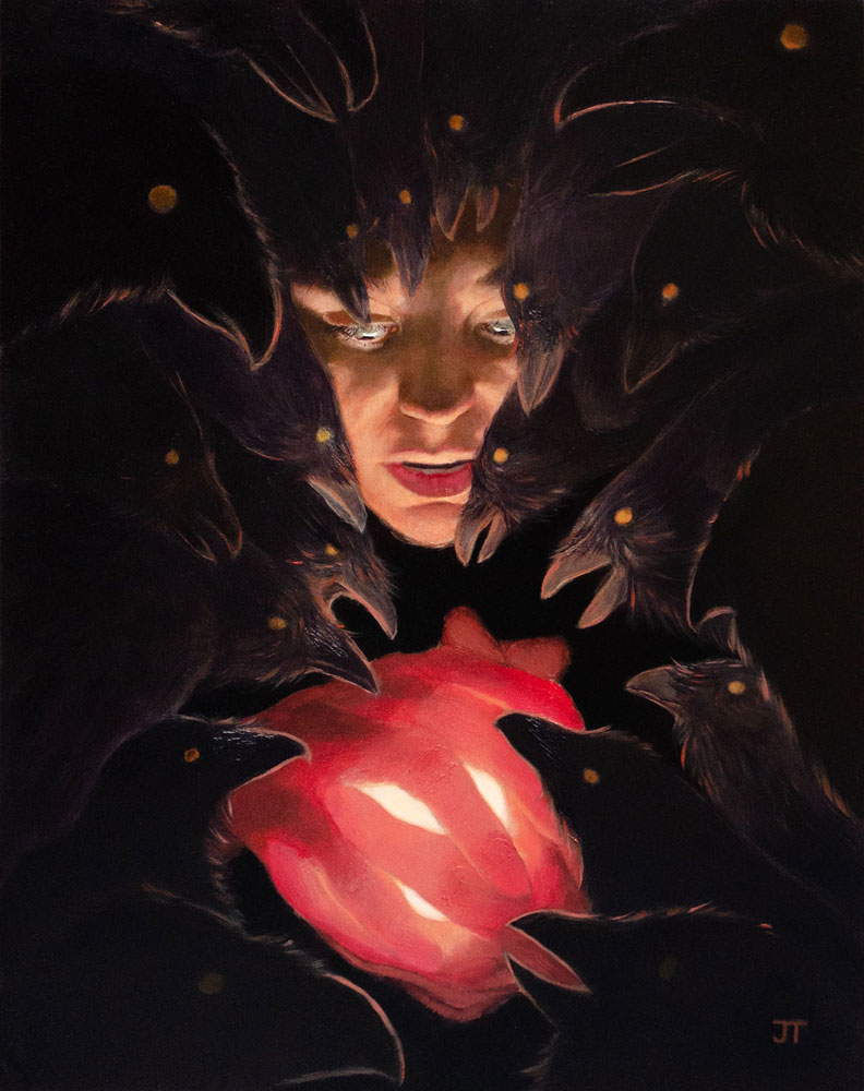 Person with intense expression holding a glowing red heart, surrounded by dark feathers or wings, in a dark background.