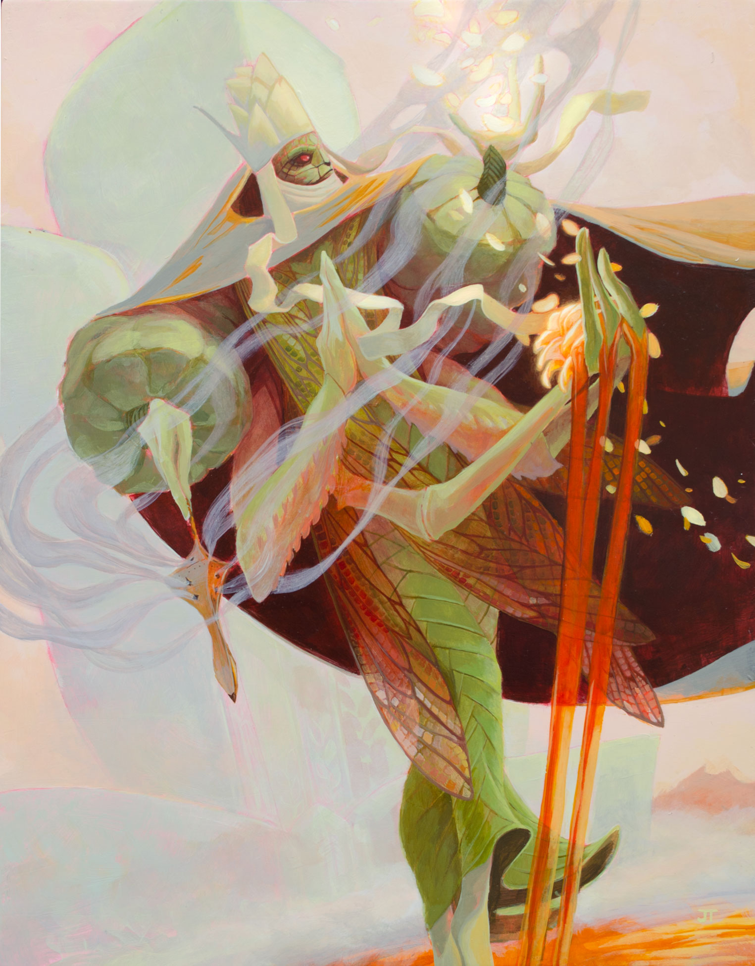 Abstract insect with wings, antennae, and elongated limbs in pastel colors, with a soft background.