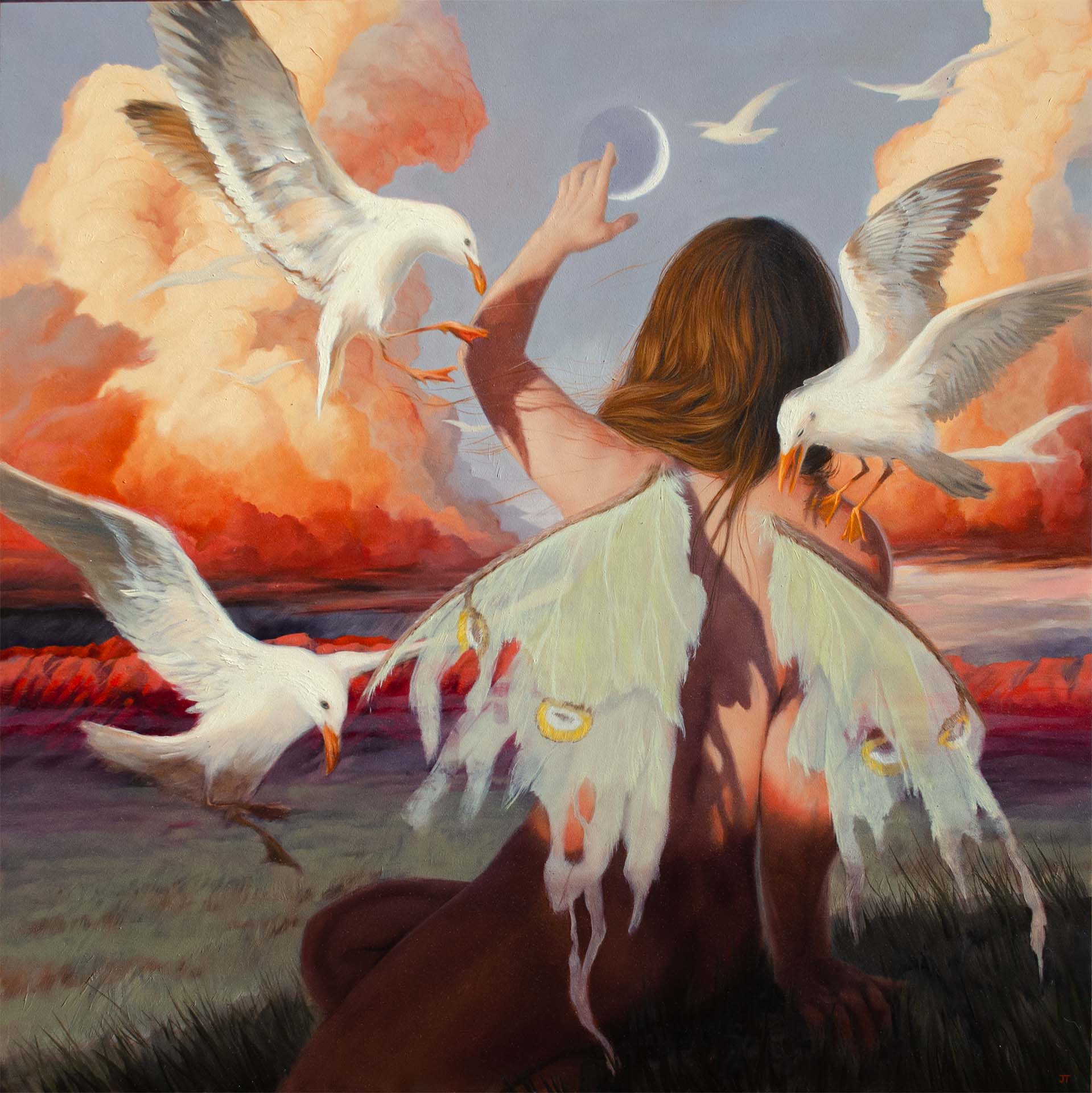 Person with butterfly wings sitting by water, surrounded by flying seagulls, sky with clouds and moon in background.