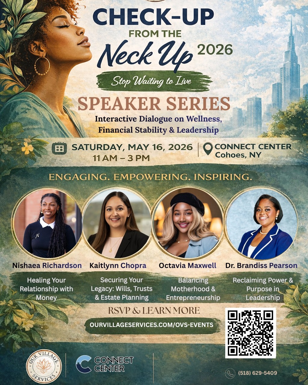 Event poster for a speaker series on wellness and leadership, featuring four women, date May 16, 2026, at Cohoes, NY.