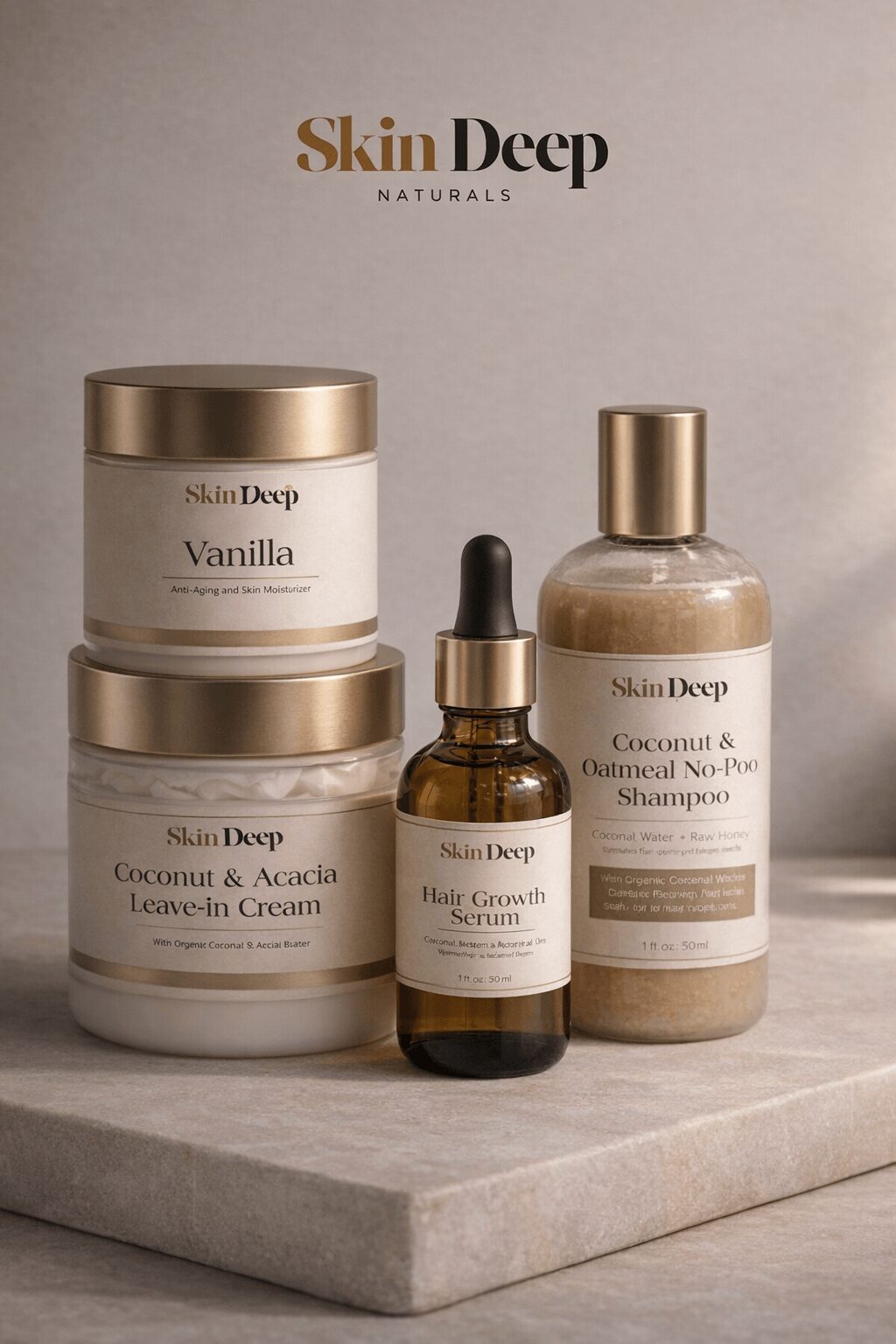 Four skincare products arranged on a gray surface, including a jar, a bottle, and a dropper, with a plain background.