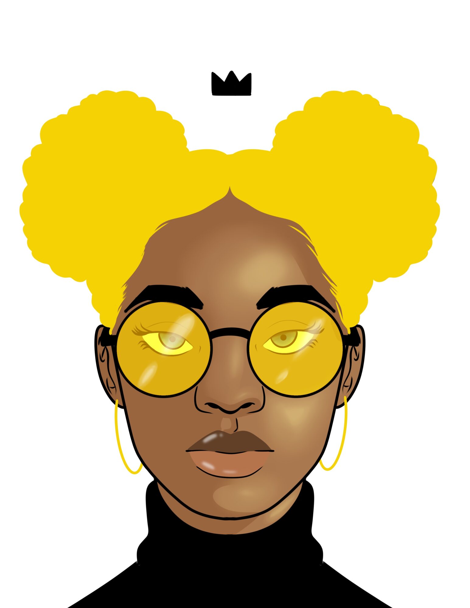 Portrait of a person with yellow hair styled in two large puffs, wearing glasses, earrings, and a black turtleneck.