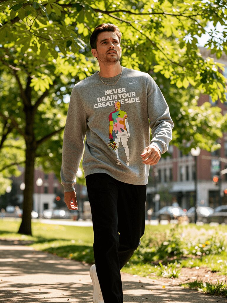 Man walking outdoors on a sunny day, wearing a gray sweatshirt with colorful graphic and text, surrounded by green trees.