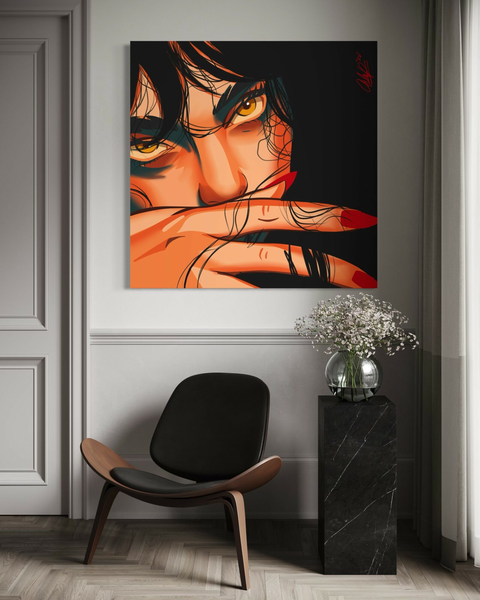 Colorful portrait of a person with intense eyes, partially covering their face with a hand, in a modern interior setting.