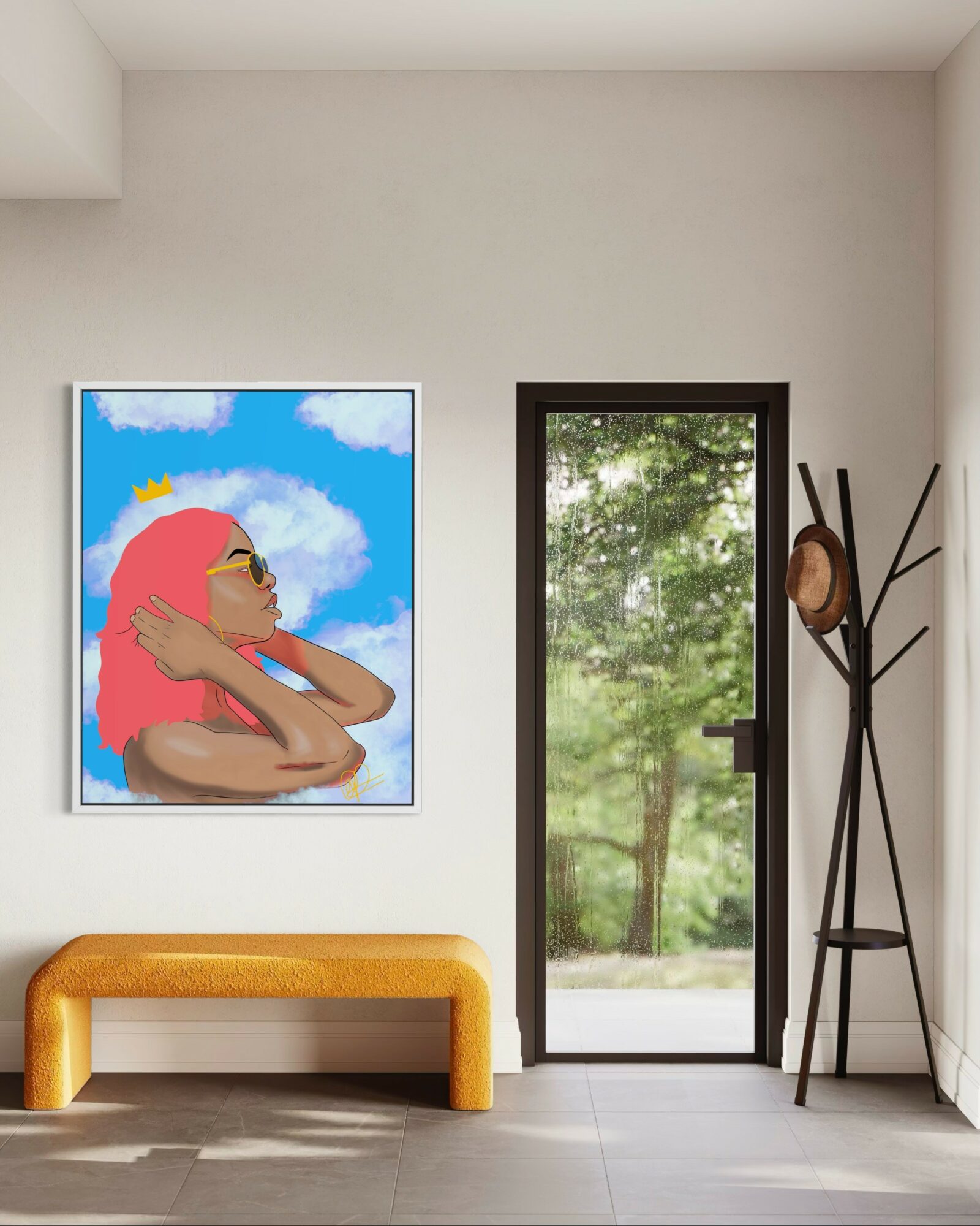 Interior room with a colorful painting of a woman with pink hair and sunglasses, a yellow bench, and a coat rack near a glass door showing trees outside.