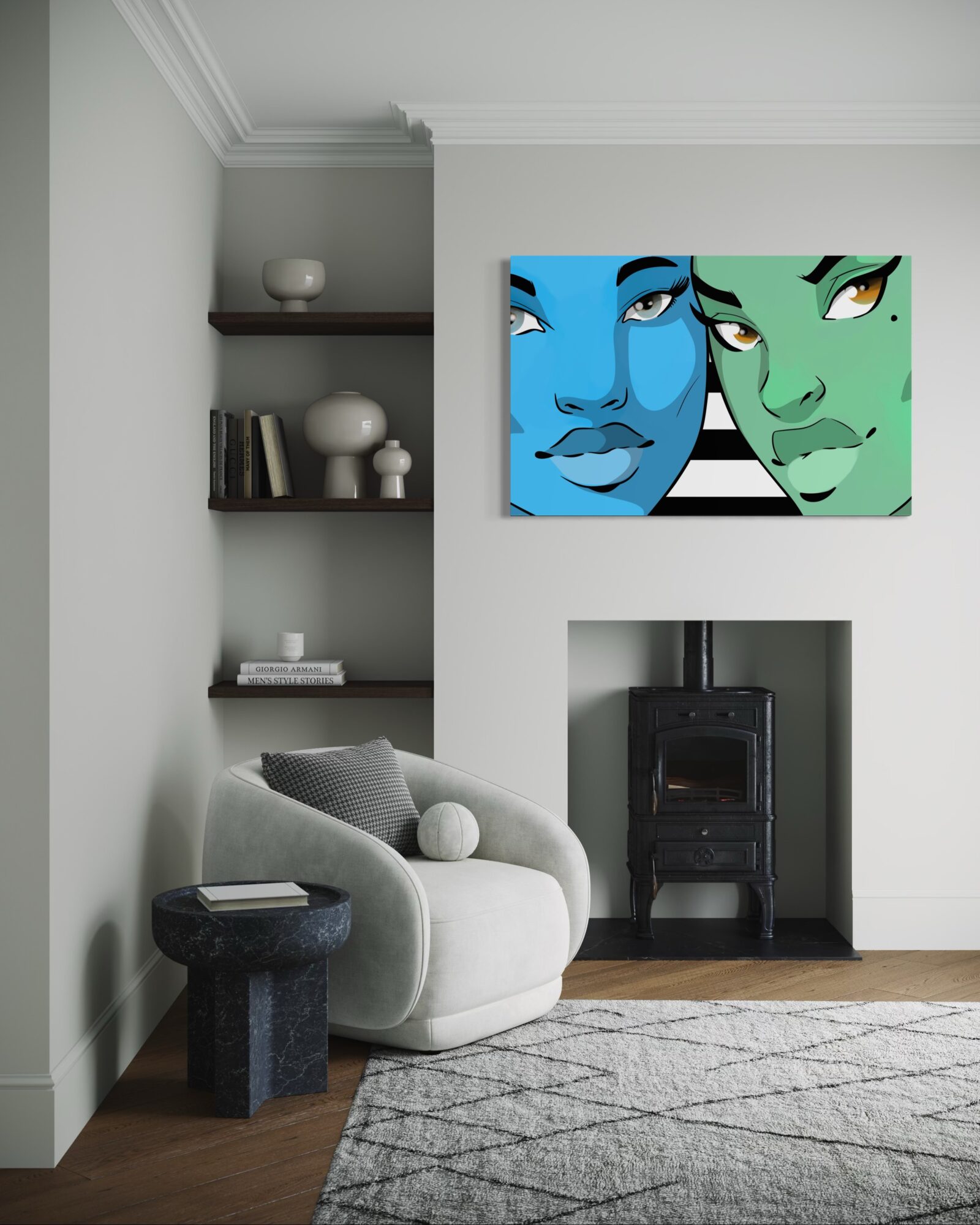 Living room corner with a white armchair, black side table, wall art of two stylized faces, and a wood stove.