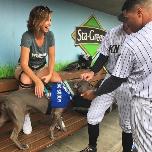 Woman laughing with baseball players and a dog wearing a blue vest, sitting on a bench indoors. Sign in background.