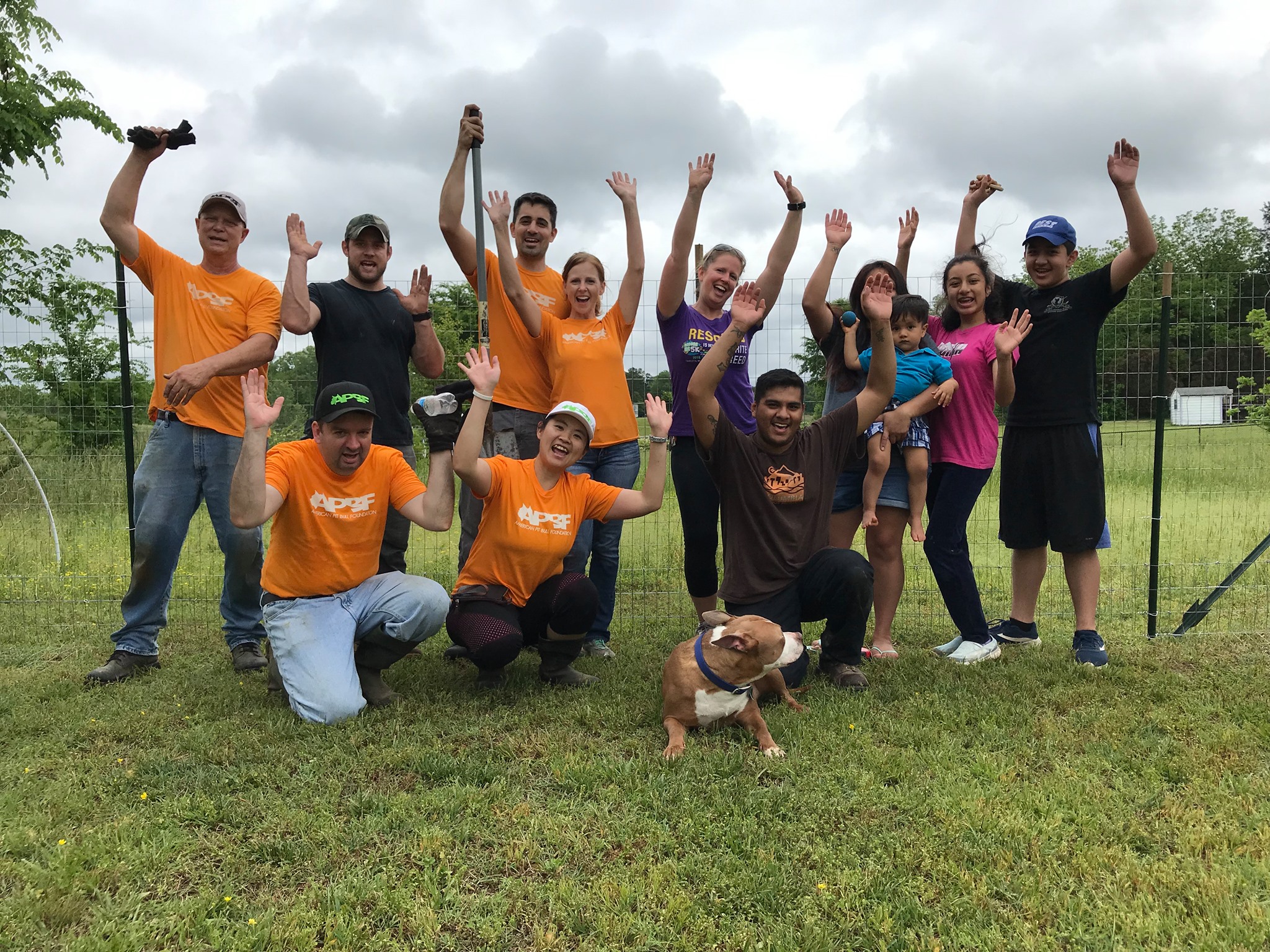 Group of people outdoors on grass, raising hands, with a dog in front, cloudy sky above.