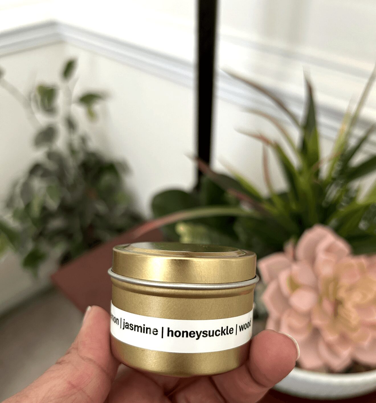 Hand holding a small gold container with a white label, background of potted plants and flowers, natural light.