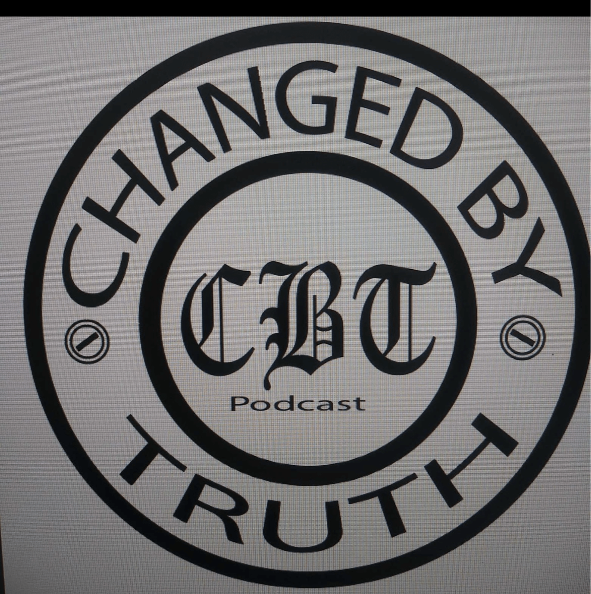 Circular logo with text 'Changed by Truth' and 'Podcast' in the center, black and white design.