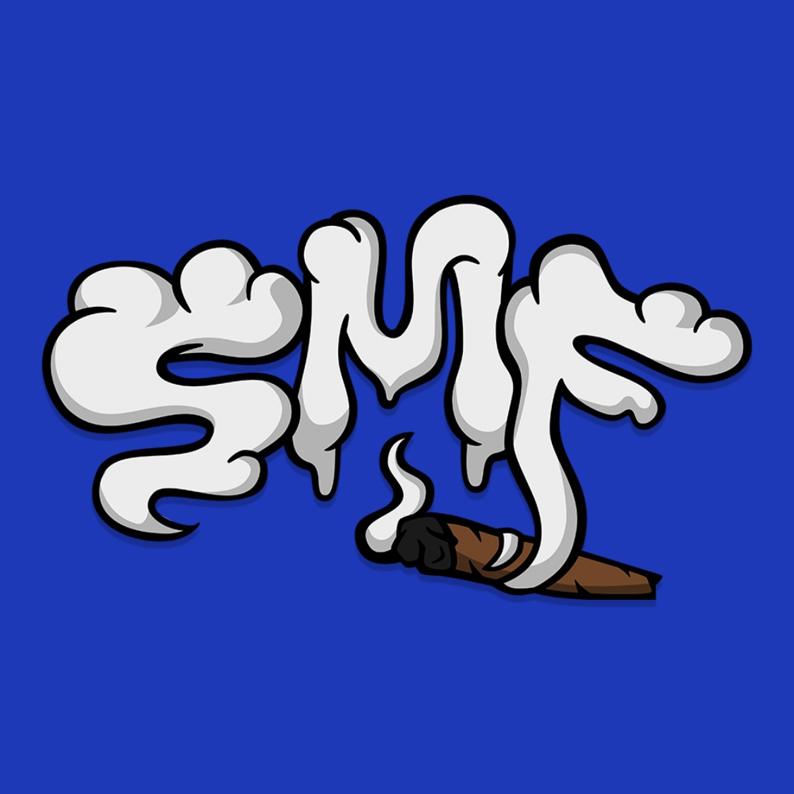 Smoke forms the word 'SMOKE' with a lit cigarette at the bottom right corner, on a blue background.