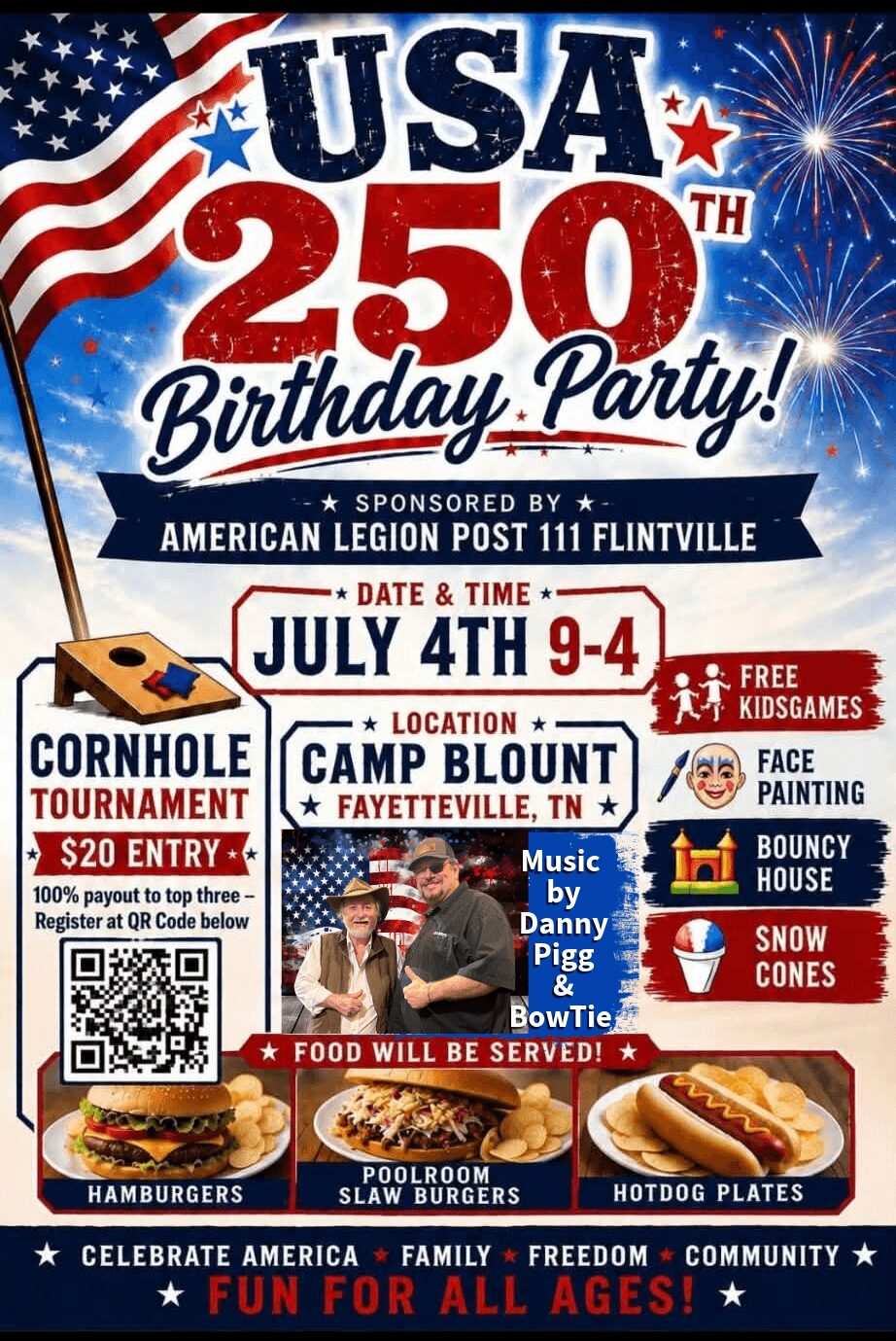 Celebration poster for 250th USA birthday party with fireworks, American flag, guitar, and event details.