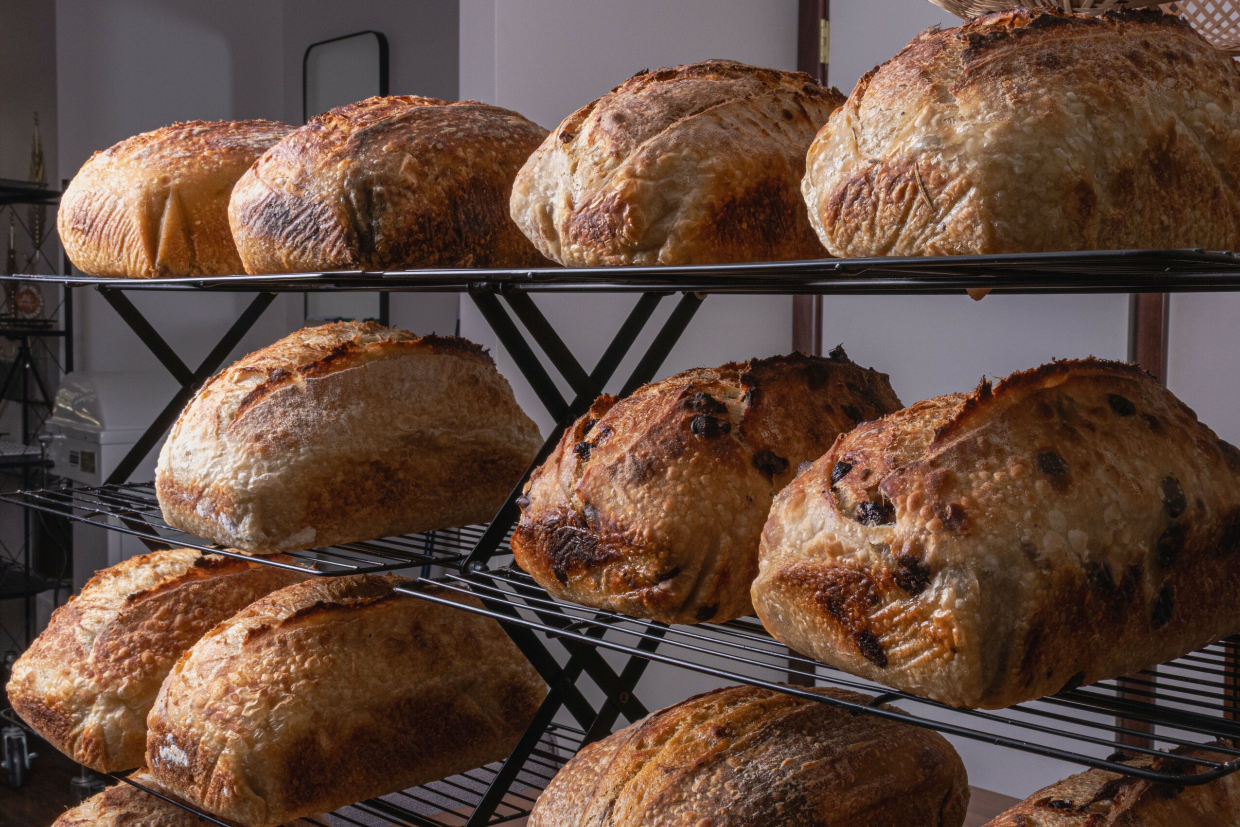 Several loaves of bread on a black metal rack, with a background of a kitchen or bakery setting.