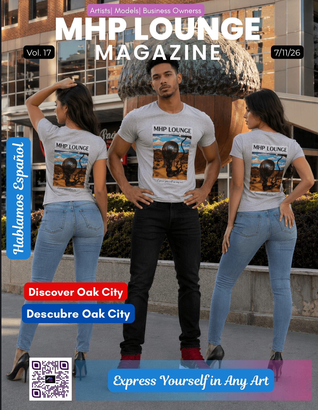 Three people wearing MHP Lounge magazine T-shirts, standing outdoors with buildings in background.