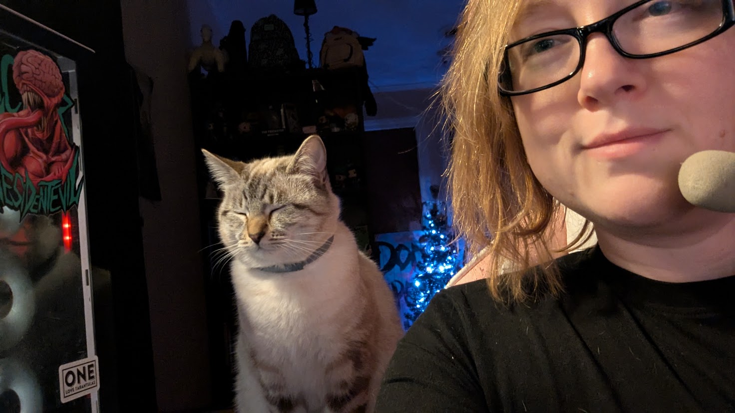 Person with glasses and blonde hair, wearing a headset, partially visible; cat with striped fur and closed eyes in background.