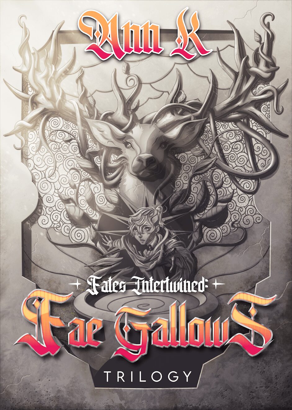 Illustration of a deer with antlers intertwined with intricate patterns and a snarling wolf in front, with stylized text above and below.