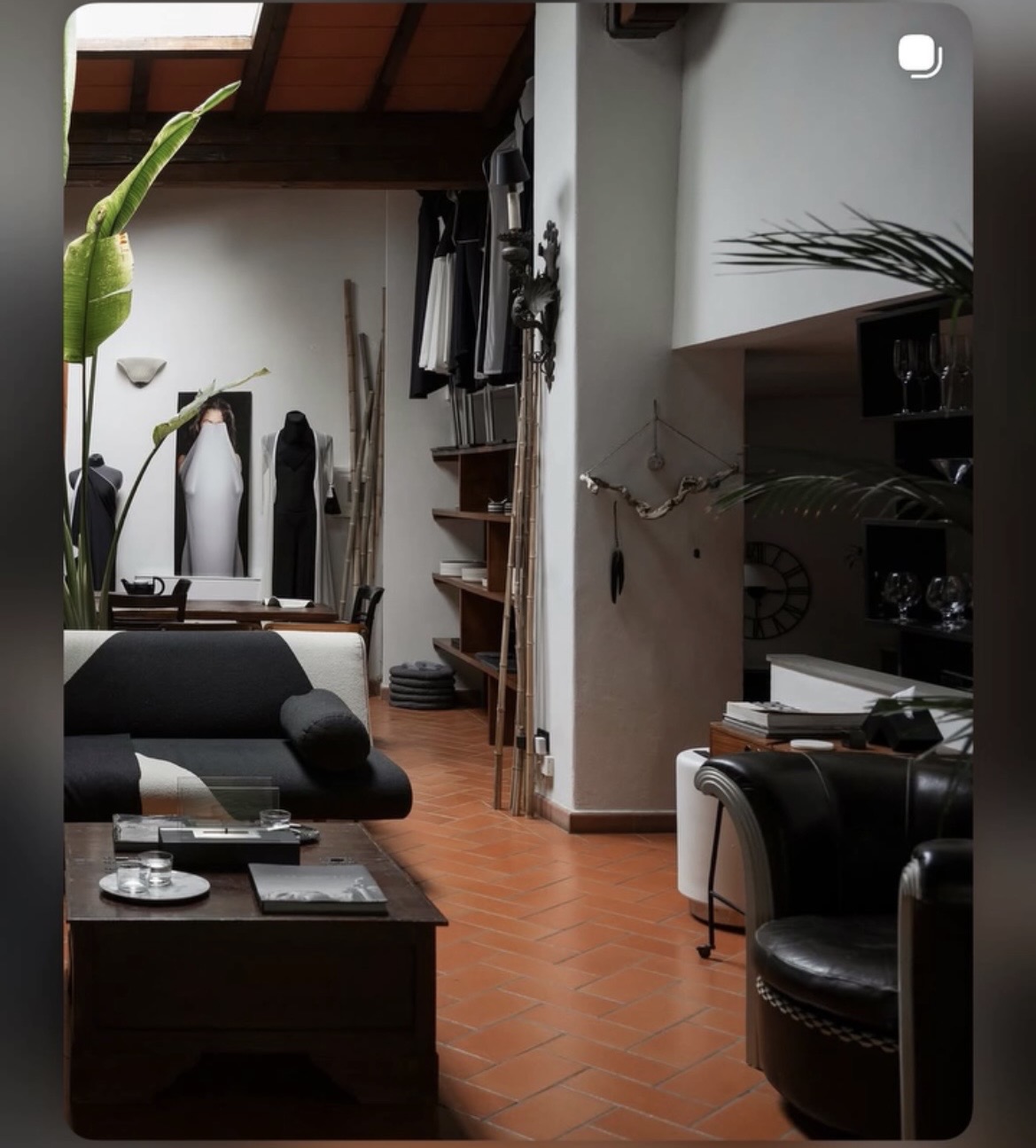 Living room with black sofa, coffee table, and decorative plants, with wooden flooring and staircase in background.