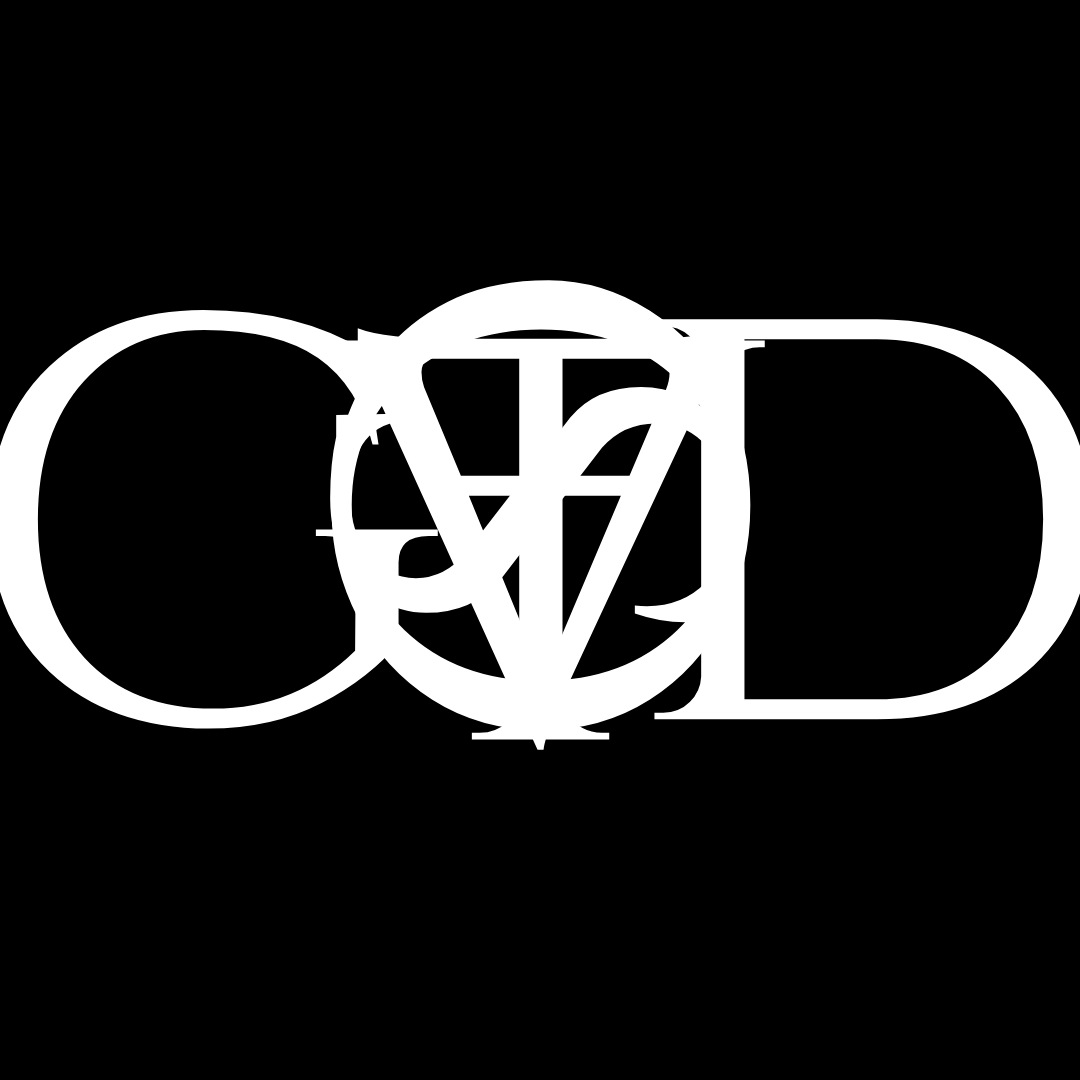 Black background with a white, stylized, interconnected logo design featuring overlapping letters and shapes.