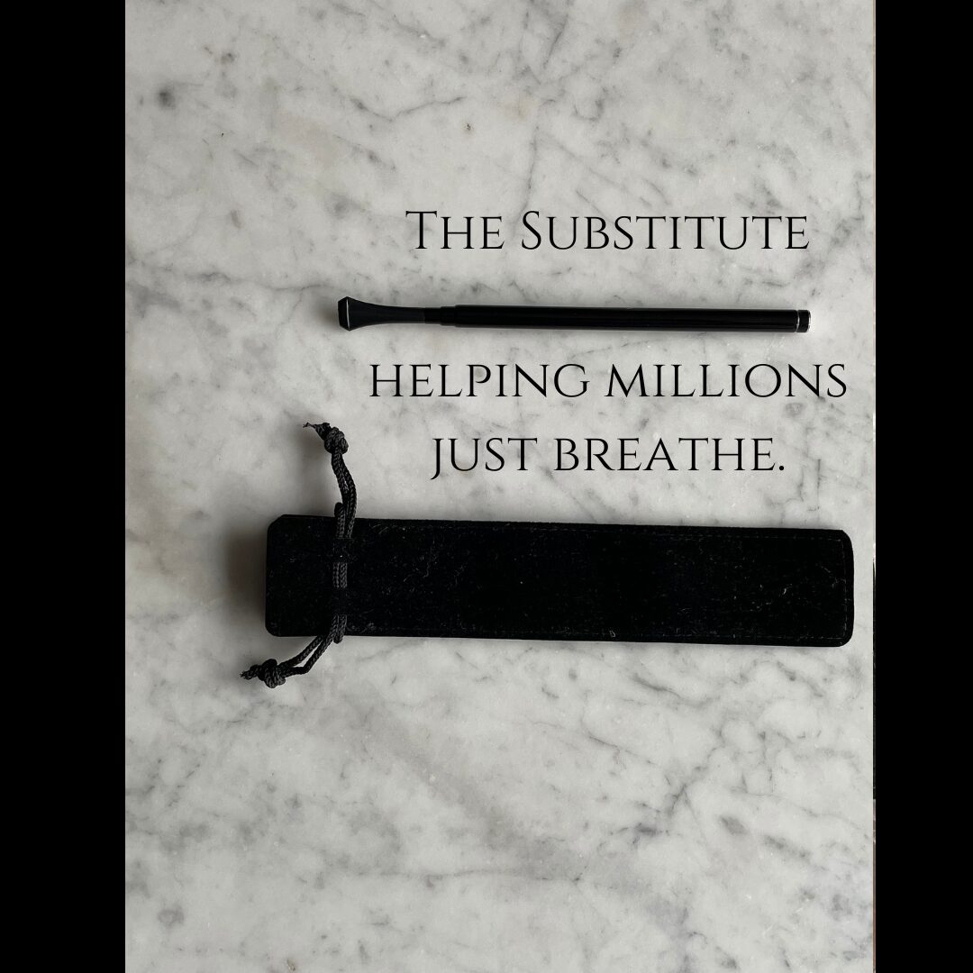 Text on marble surface reads: 'The substitute helping millions just breathe' with a black inhaler and spacer device below.