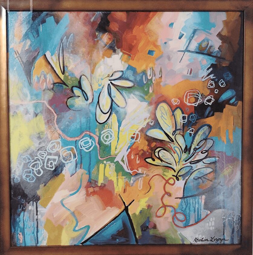 Abstract painting with colorful butterflies, swirls, and shapes in vibrant hues, framed in wood, signed in bottom right corner.