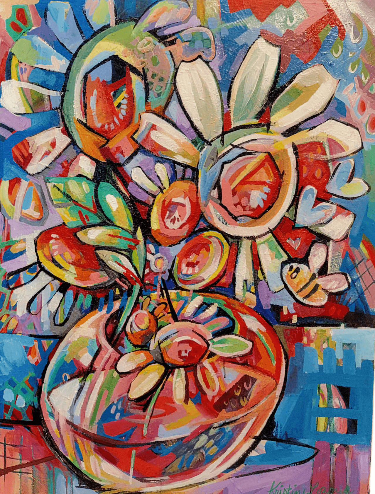 Colorful abstract painting of flowers in a vase with bright, bold brushstrokes and vibrant colors.
