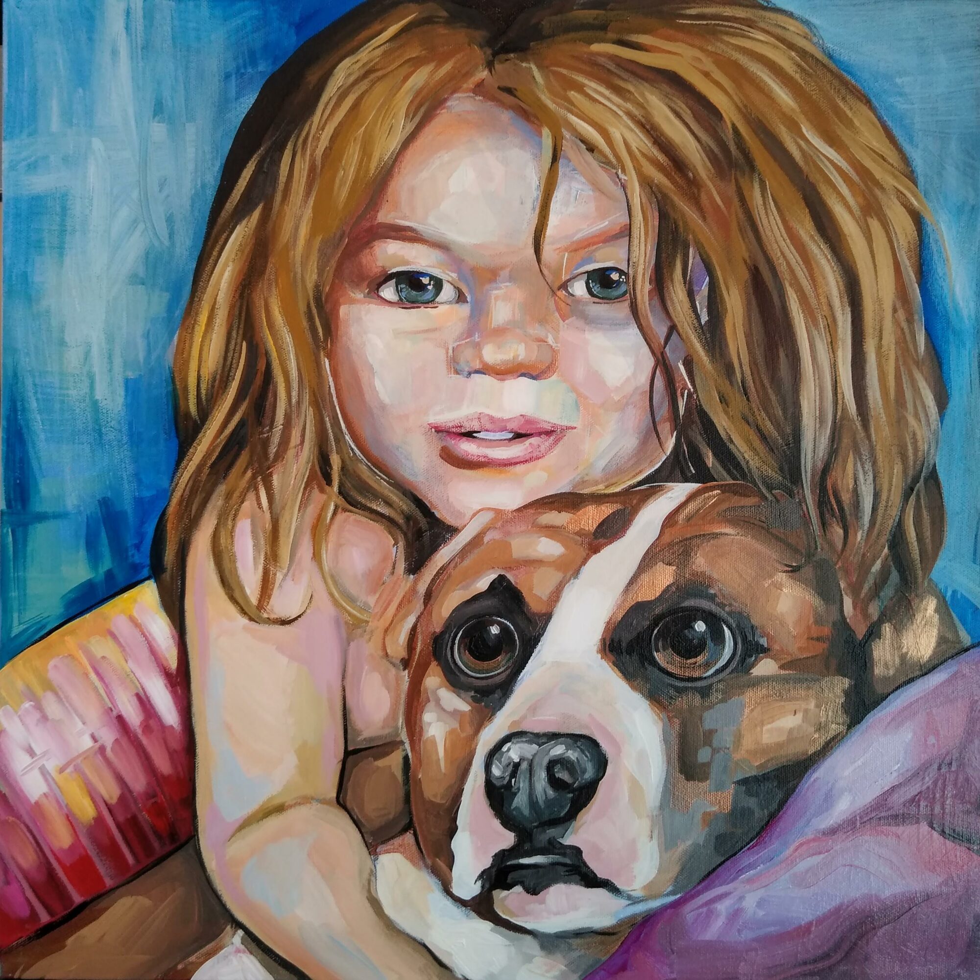 Painting of a girl with long hair and a dog with large eyes, both close together, against a blue background.