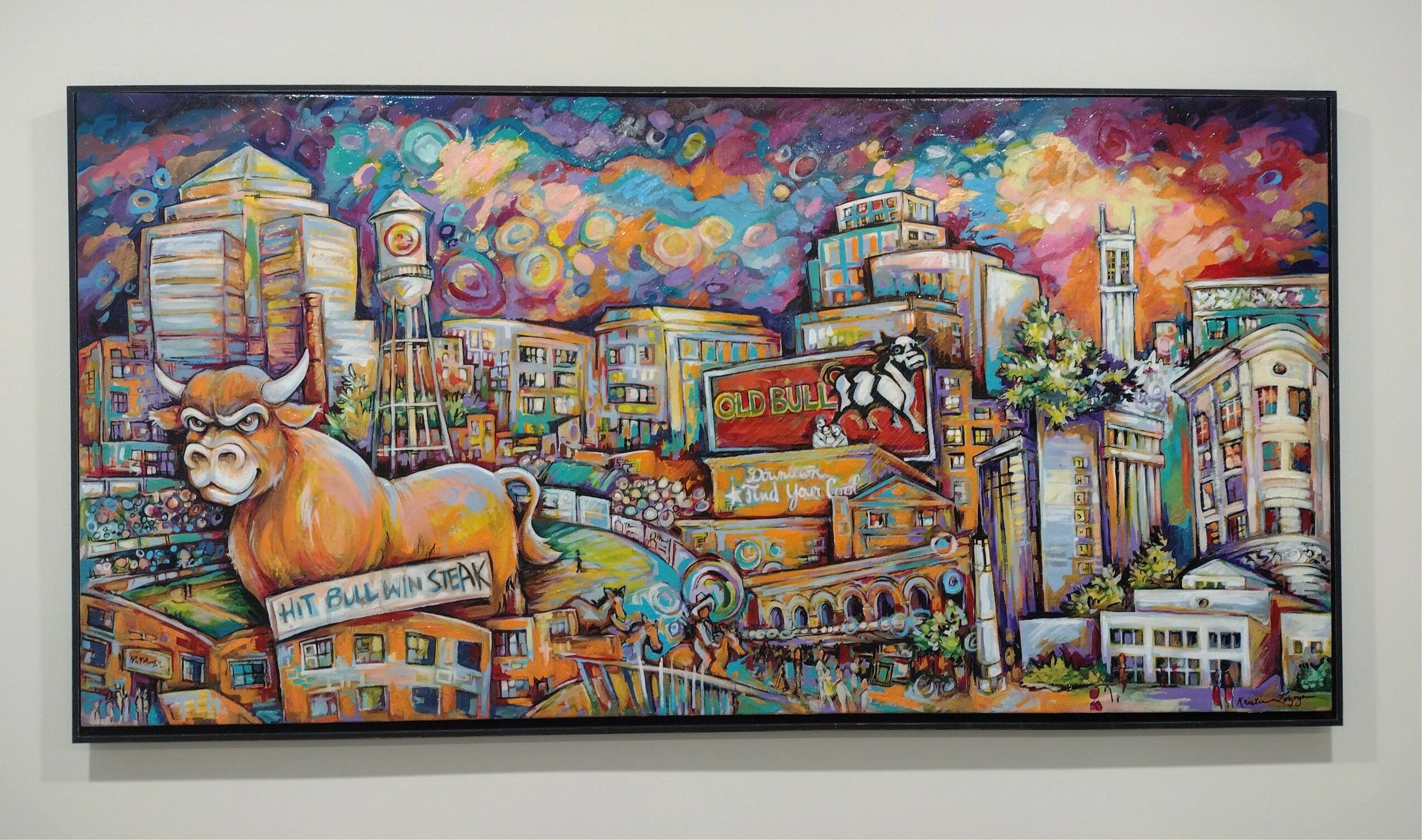 Colorful cityscape painting with buildings, a lion, and a sky filled with swirling clouds, vibrant colors, and abstract patterns.