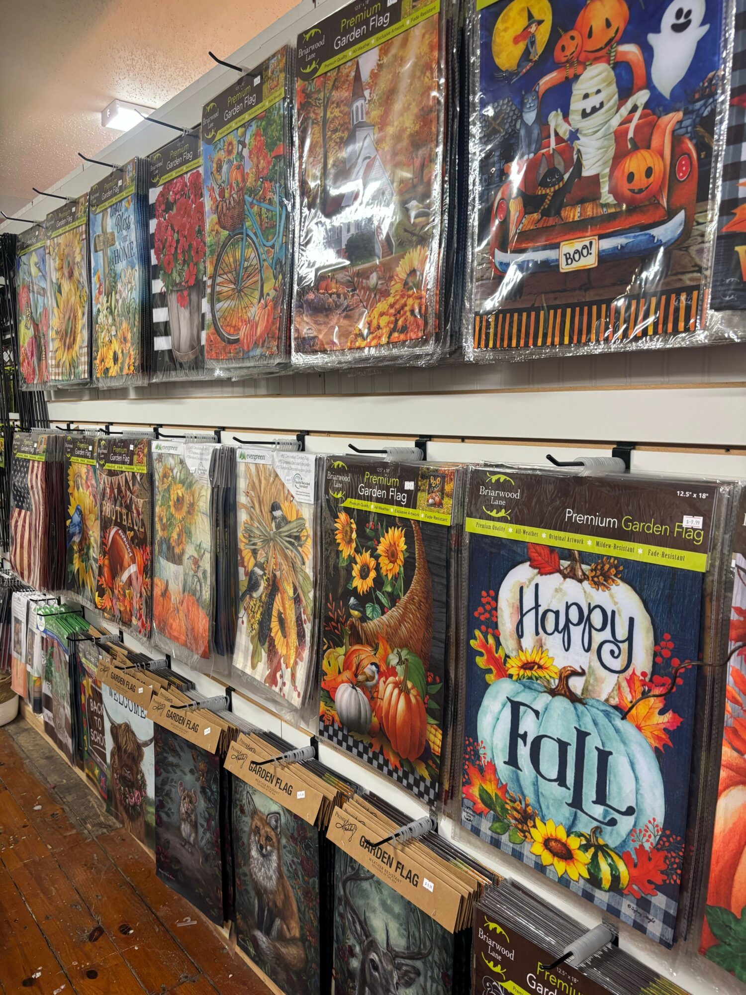 Bookshelves filled with colorful holiday and Halloween-themed books, viewed from the side, with a wooden floor visible.