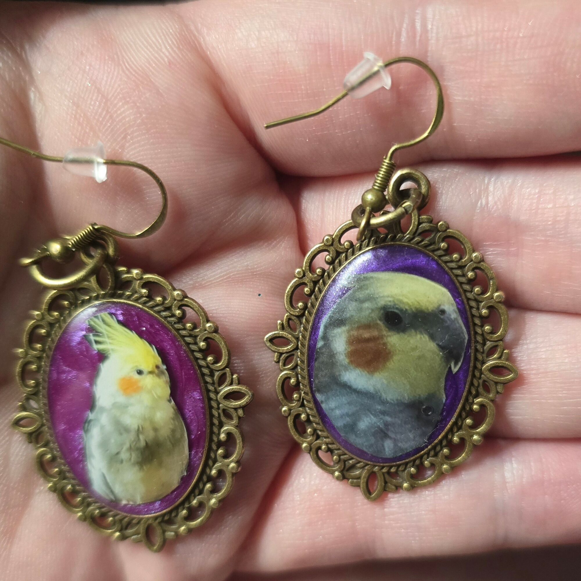 Pair of earrings with bird images, one with a yellow and white bird, the other with a gray and orange bird, in ornate gold frames.