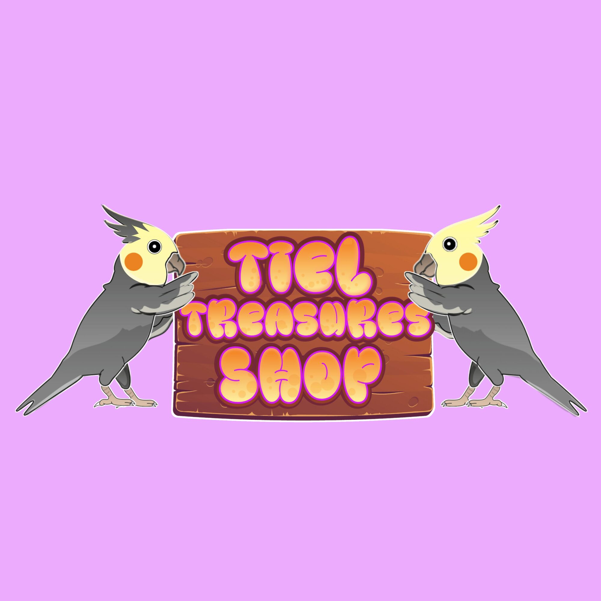 Two cockatoos hold a wooden sign with pink and yellow text on a purple background.