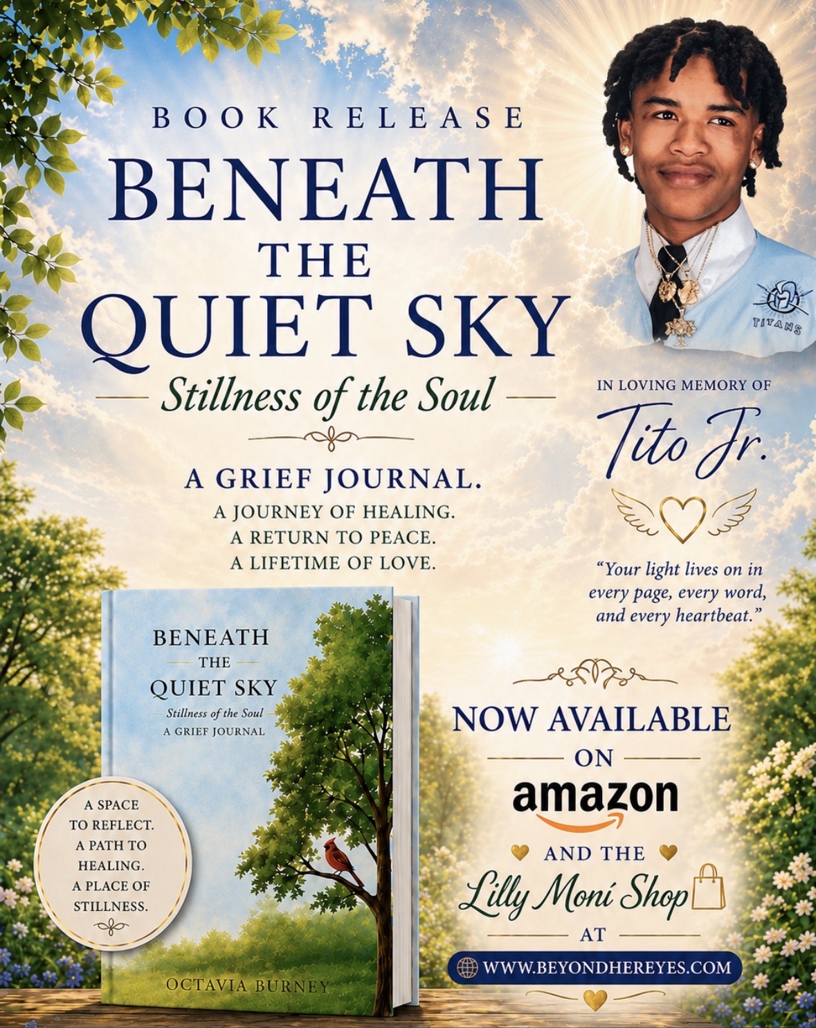 Book cover titled 'Beneath the Quiet Sky' features a smiling young girl with curly hair, a tree, and a blue sky background.