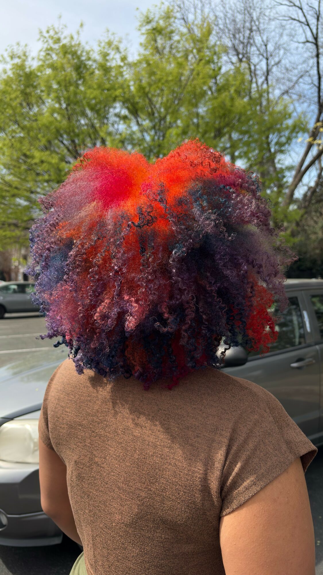 Person with colorful curly hair standing outdoors, trees and a car in the background.