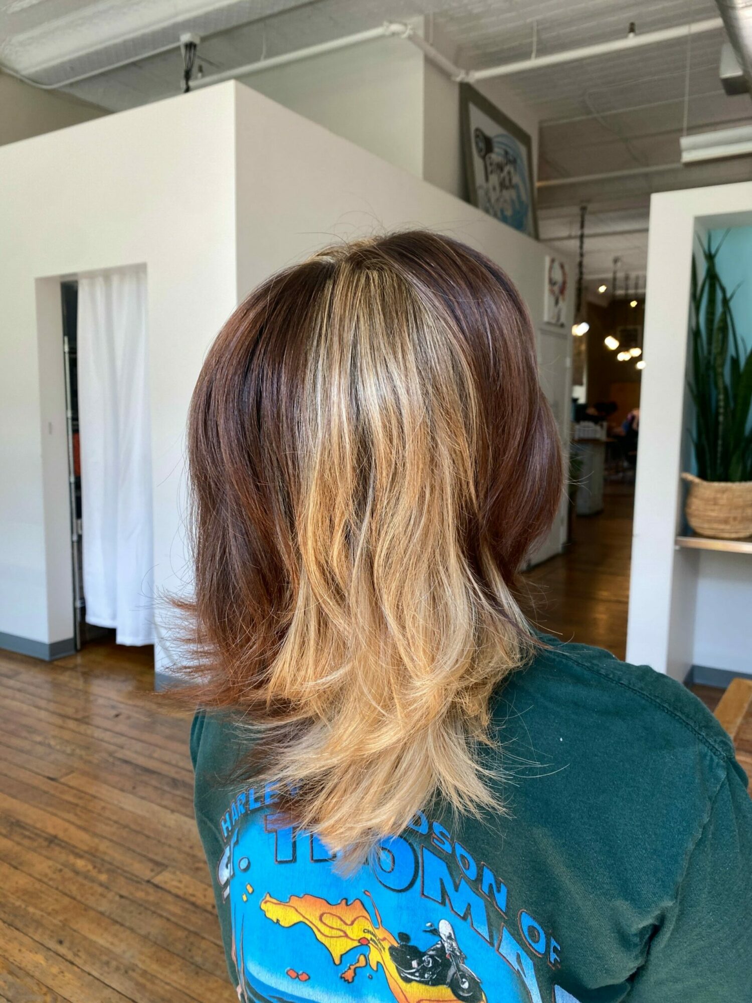 Back view of a person with shoulder-length hair, blonde with darker roots, wearing a blue shirt with a graphic design, indoors.