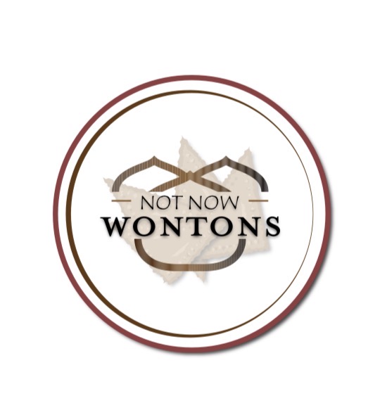 Circular logo with mountains, text 'NOT NOW WONTONS', and a bowl illustration, on a white background.