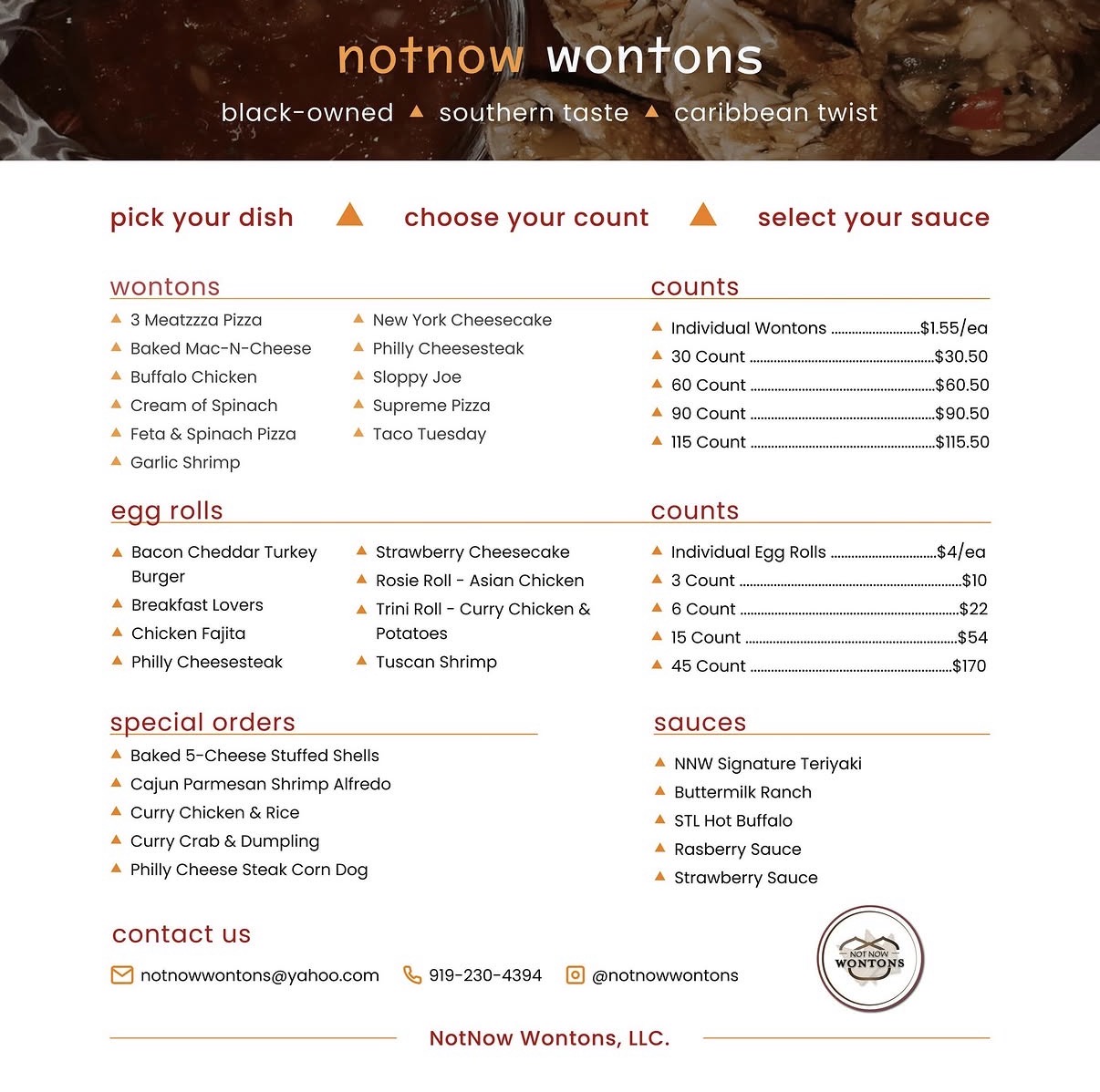 Menu with options for pick your dish, choose your count, select your sauce, egg rolls, special orders, contact us, and counts and sauces sections.