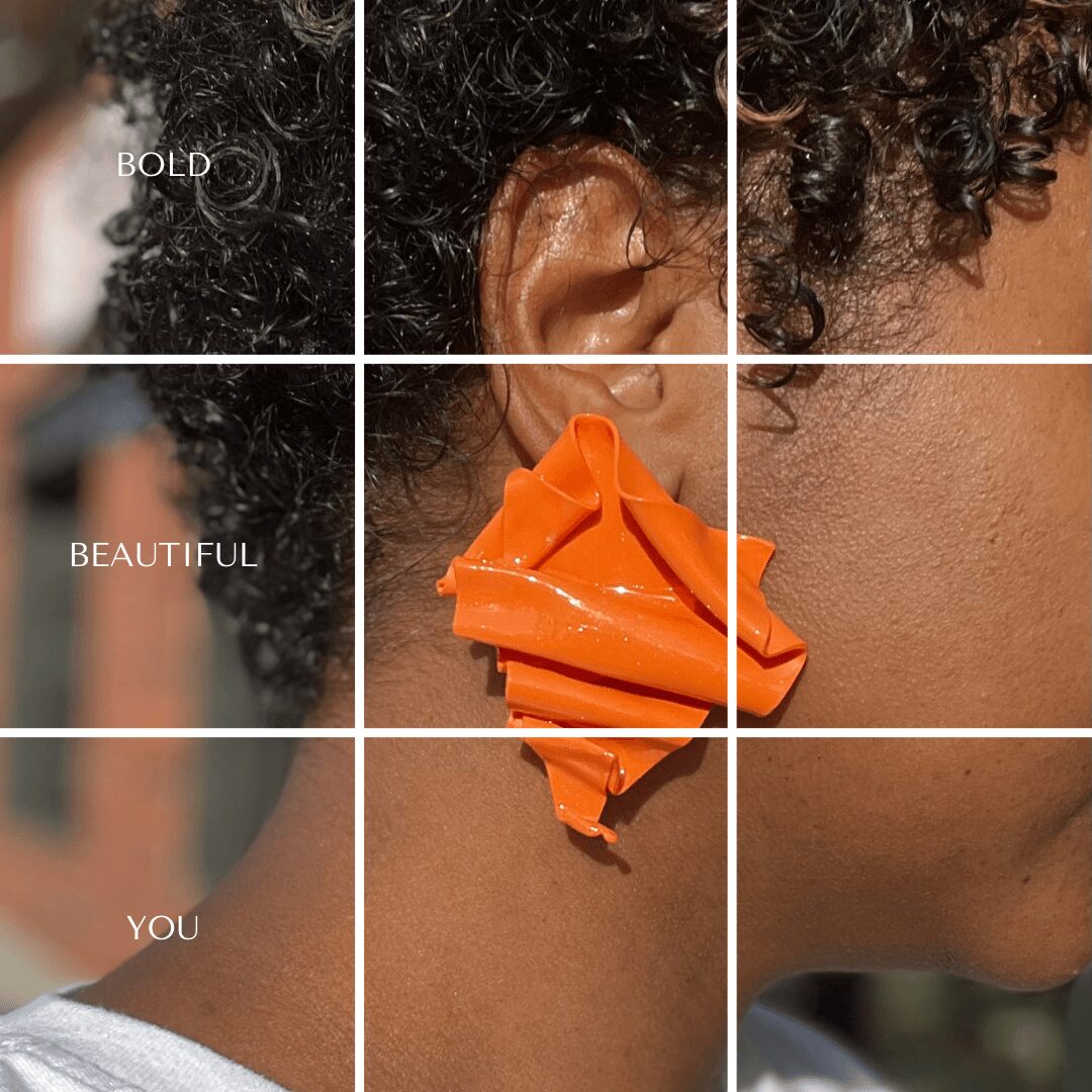 Close-up of a person's ear, neck, and hair with text 'BOLD', 'BEAUTIFUL', and 'YOU' on the image.
