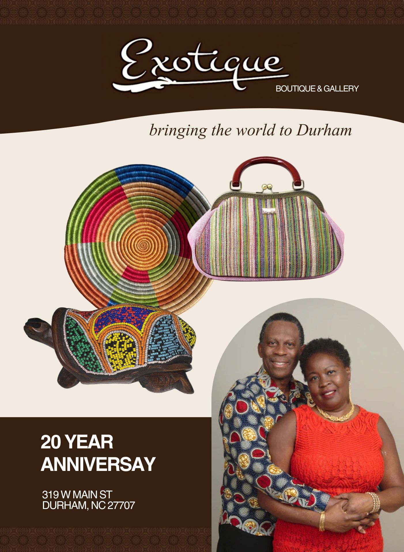Display of colorful handbags and accessories with a smiling couple, celebrating 20 years at Durham boutique and gallery.