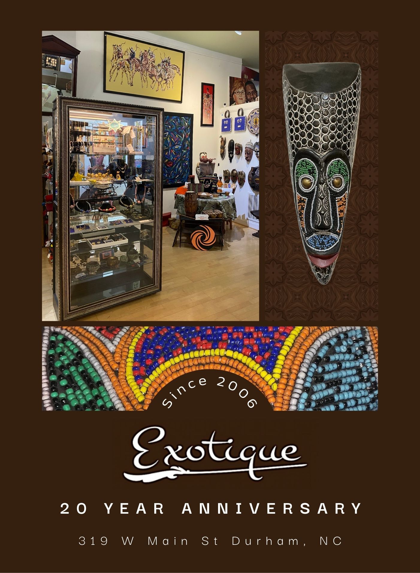 Interior of an art and gift shop with display case, wall art, and African masks, celebrating 20 years of Exotique.