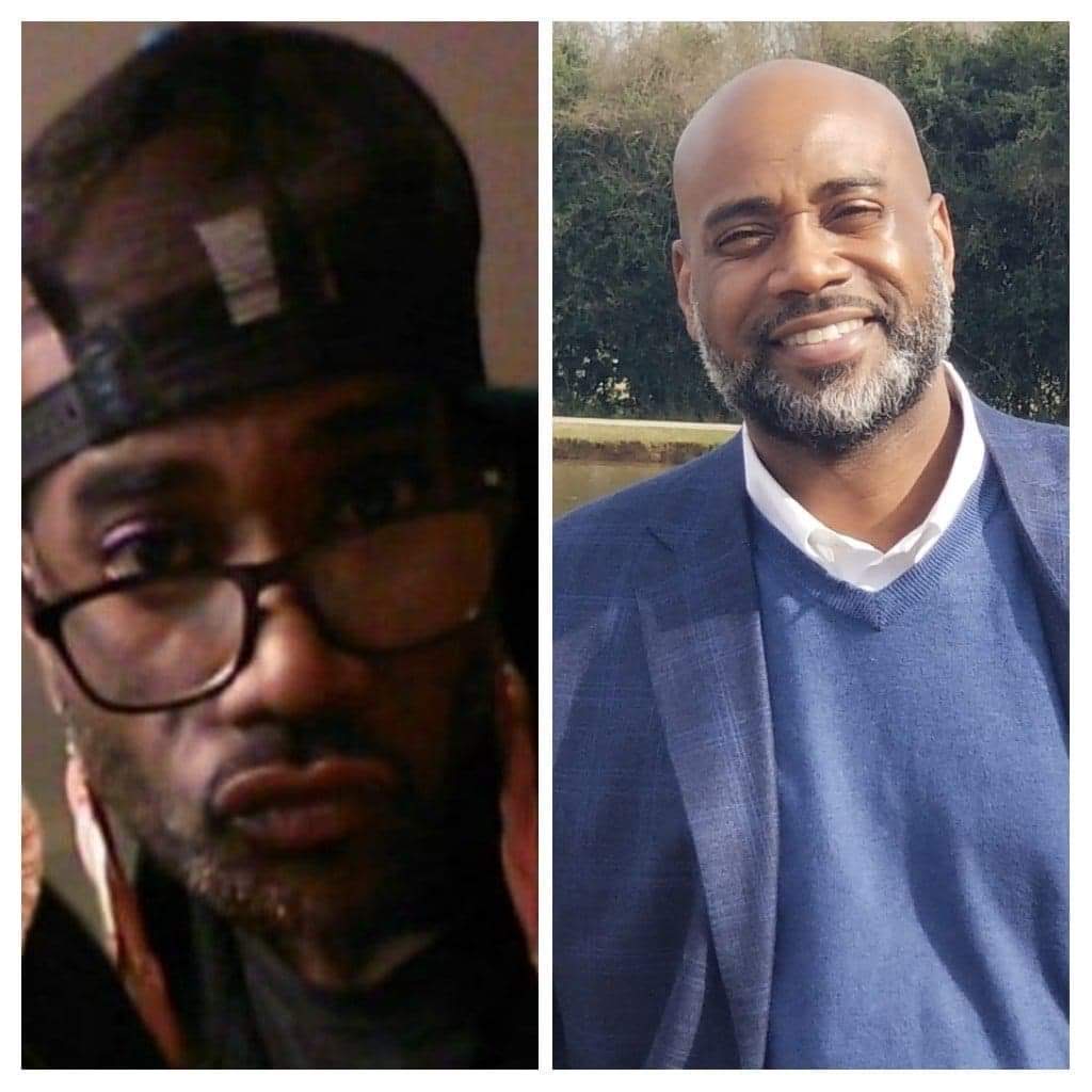 Side-by-side images of a man, one with glasses and a cap, the other bald with a beard, smiling outdoors.