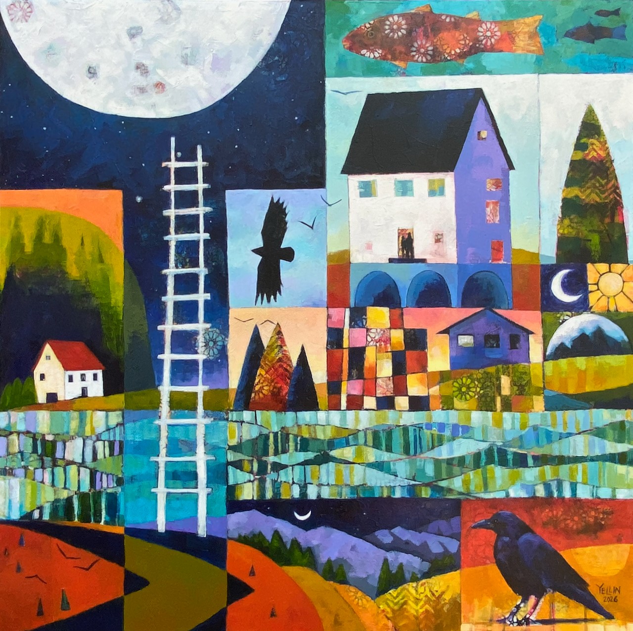 Colorful collage of houses, trees, a large moon, and a fish, with vibrant patterns and a bird in the foreground.