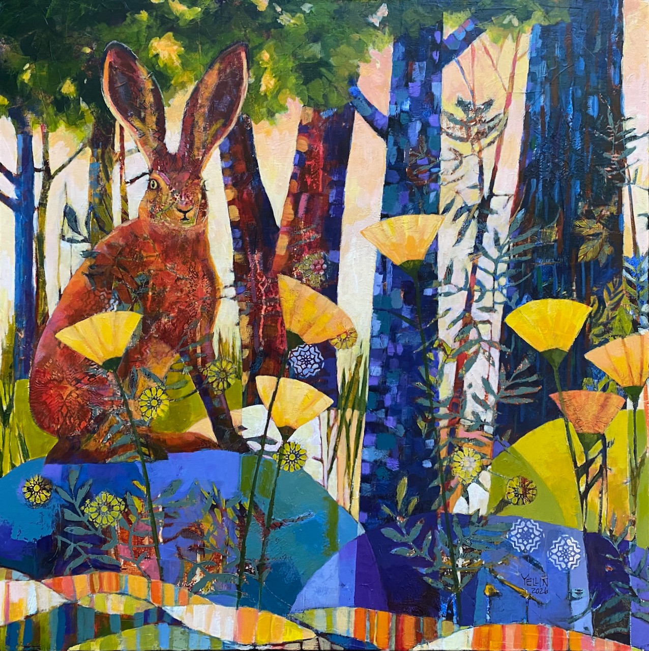 Colorful forest scene with a rabbit among trees and large yellow flowers, vibrant and stylized art style.