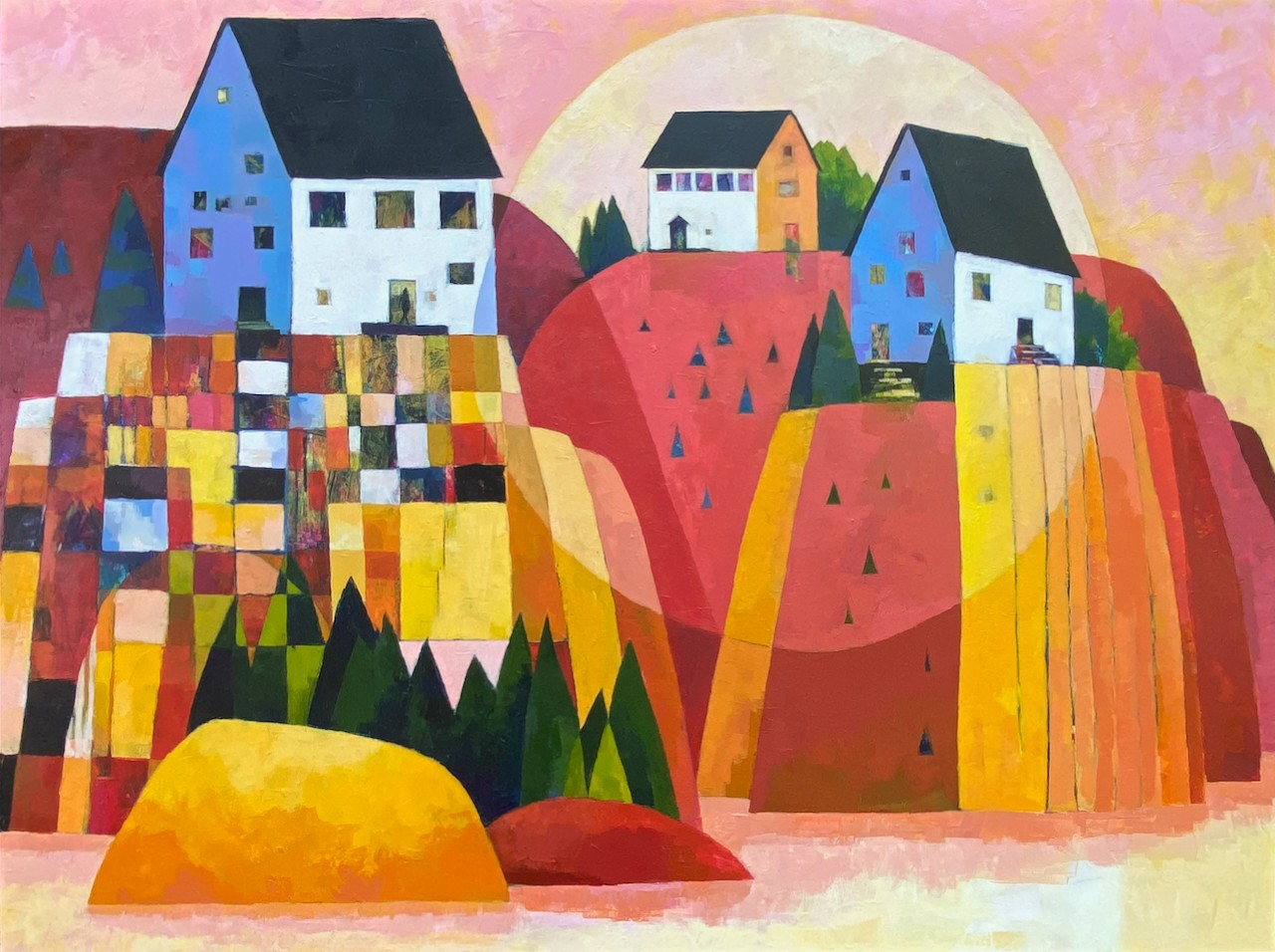 Colorful abstract landscape with houses on hills, trees, and a large sun or moon in the background.