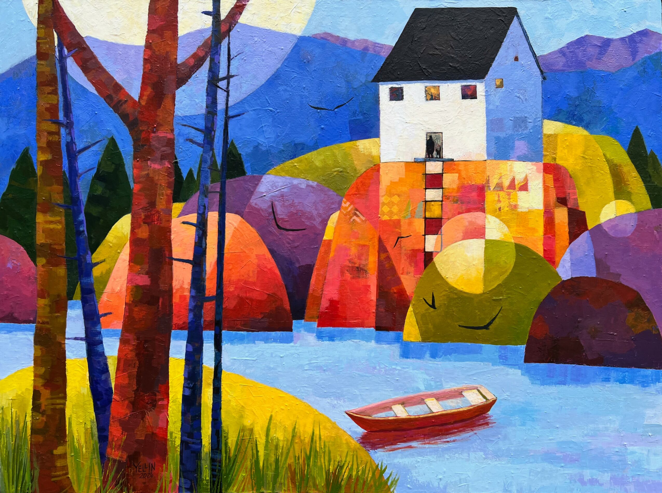 Colorful landscape with trees, a river, a boat, and a house on a hill, in a vibrant, abstract style.