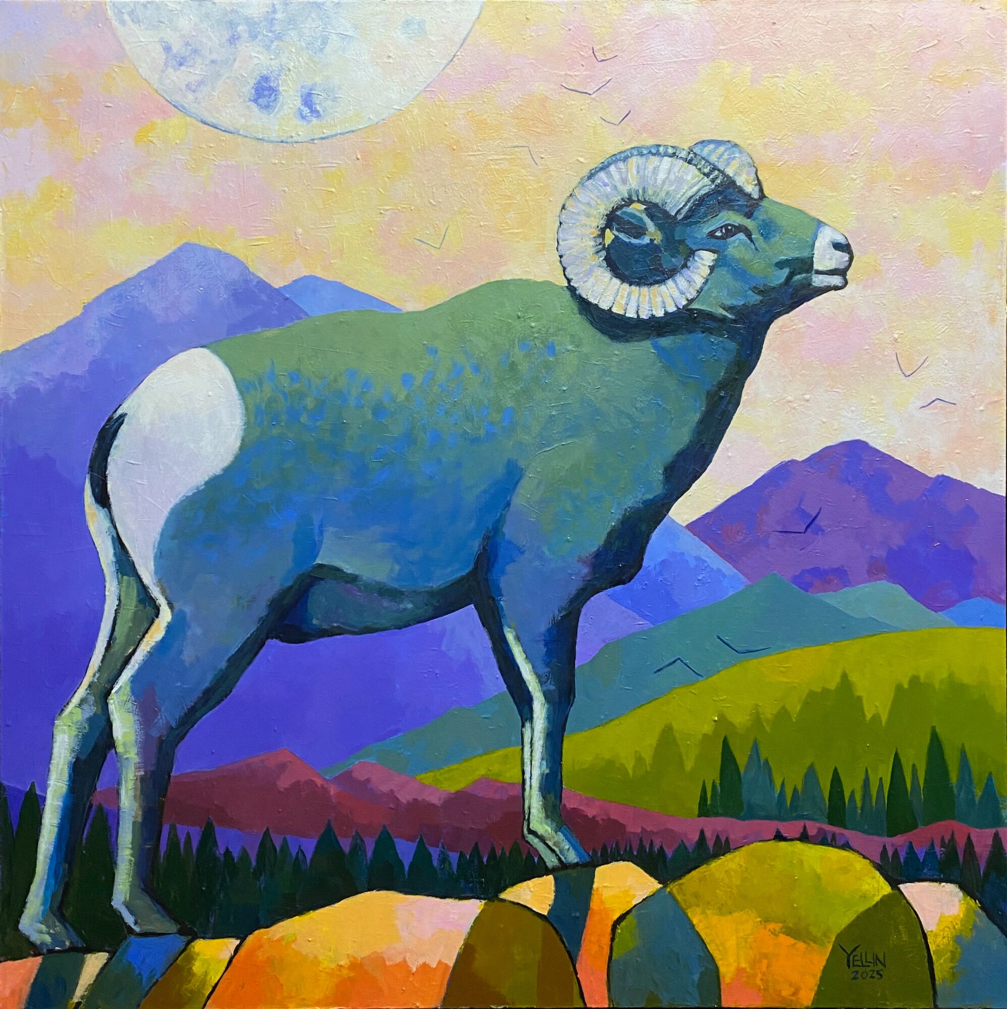 A colorful painting of a mountain goat with large curved horns standing on a hill, mountains in the background, and a sky with a moon.